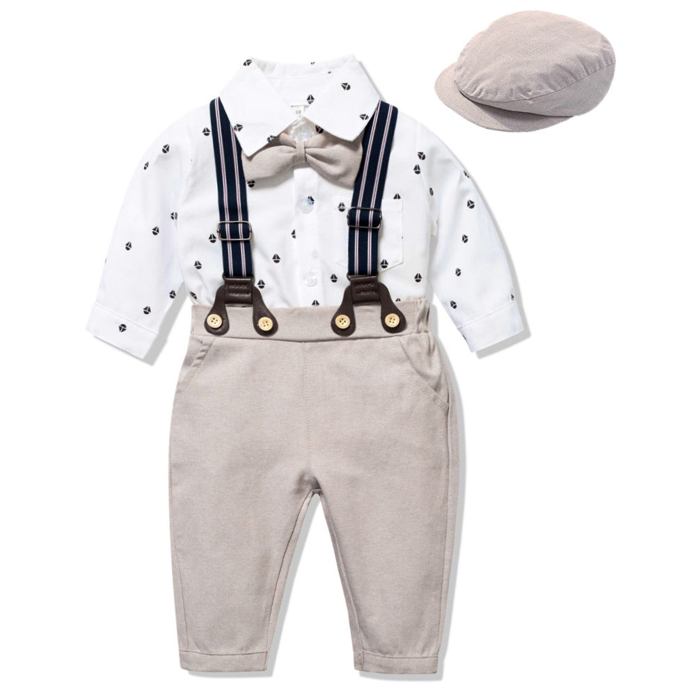 Children's outfit with white shirt, beige pants, suspenders, and cap on a white background