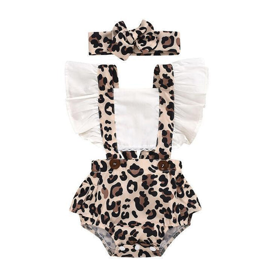 WildHeart™ Baby Leopard Romper | Ruched Sleeveless Jumper & Headband Set - bebeika
