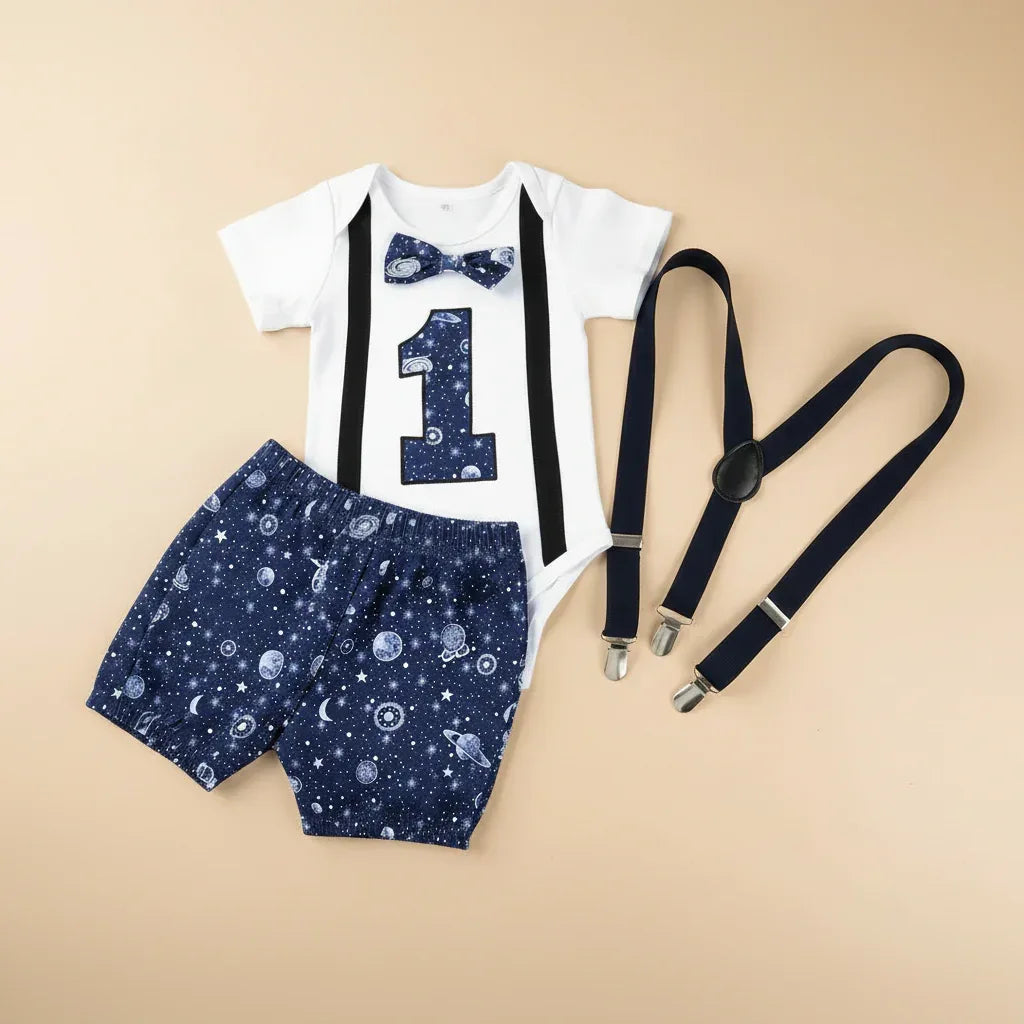 WildOne™ Baby Boy 1st Birthday Set | Gentleman Romper & Suspender Shorts - bebeika