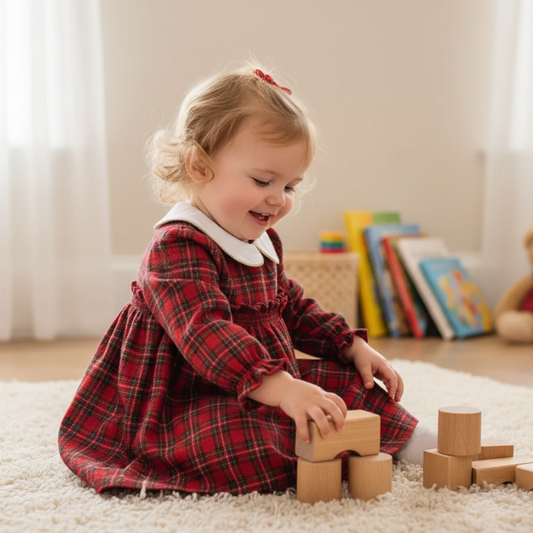 Child in a red plaid dress playing with wooden blocks on a carpeted floor.