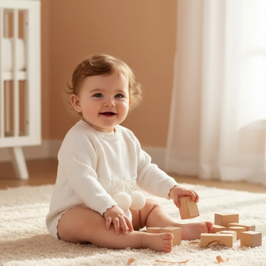 Baby playing with wooden blocks on a rug in a nursery