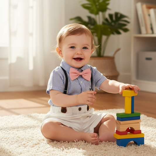 HarborClass™ Baby Boy 4-Piece Set | Striped Shirt & Suspender Shorts