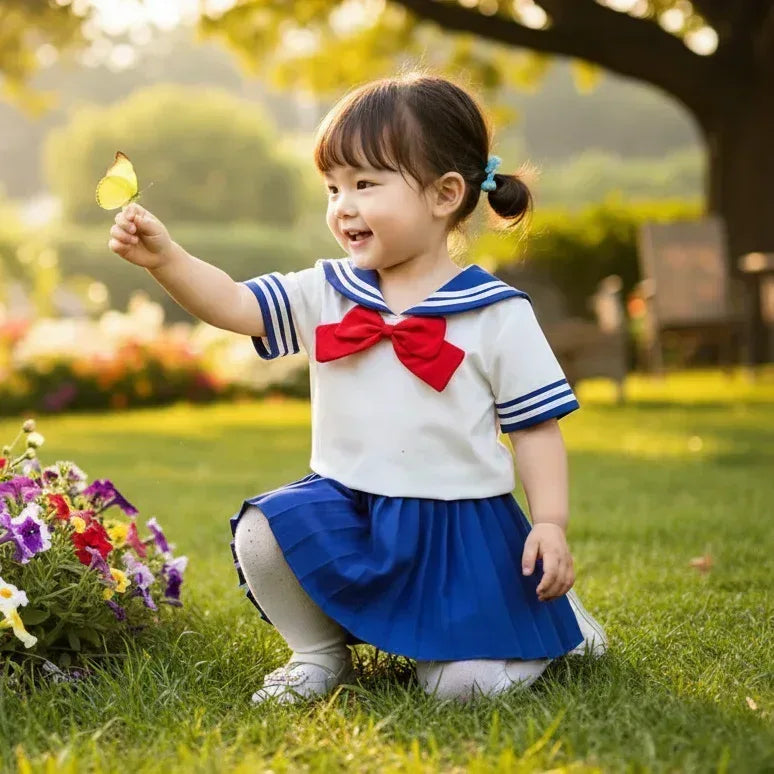 Avenue Academy™ Girls' Preppy Set | Sailor Bow Top & Navy Pleated Skirt - bebeika