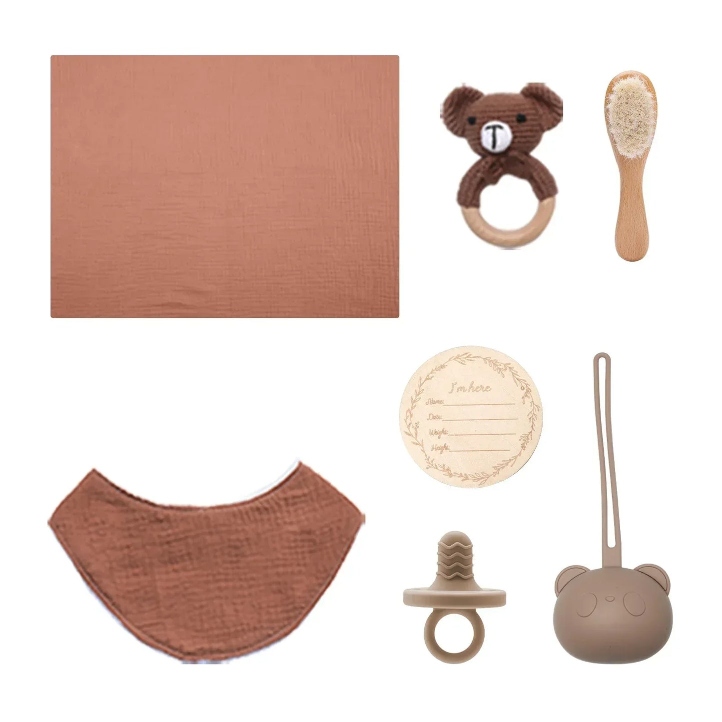 PureBeginnings™ 7-Pc Baby Gift Set | Organic Muslin Towel, Wood Brush & Milestone Disc - bebeika