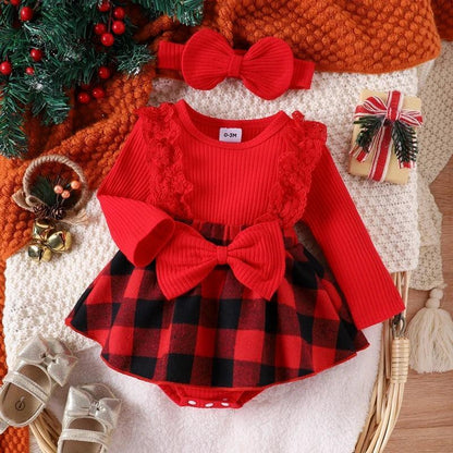 JingleBelle™ Baby Christmas Romper Dress | Red Plaid Long-Sleeve Holiday Gown - bebeika