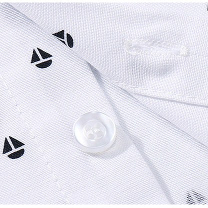 White shirt with black sailboat pattern and pearl button