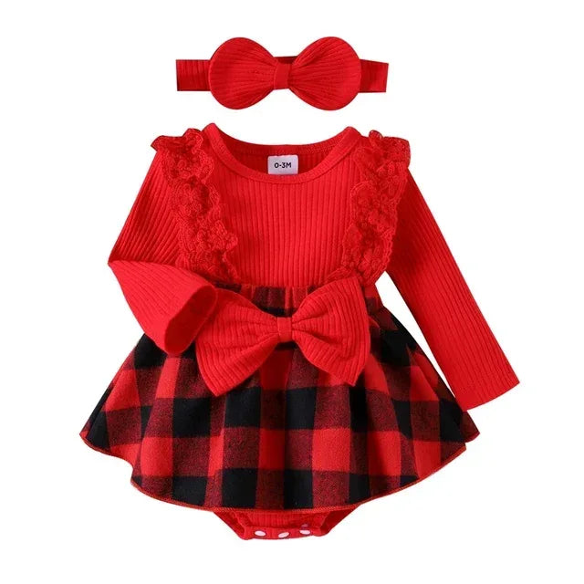 JingleBelle™ Baby Christmas Romper Dress | Red Plaid Long-Sleeve Holiday Gown - bebeika
