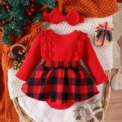 JingleBelle™ Baby Christmas Romper Dress | Red Plaid Long-Sleeve Holiday Gown - bebeika
