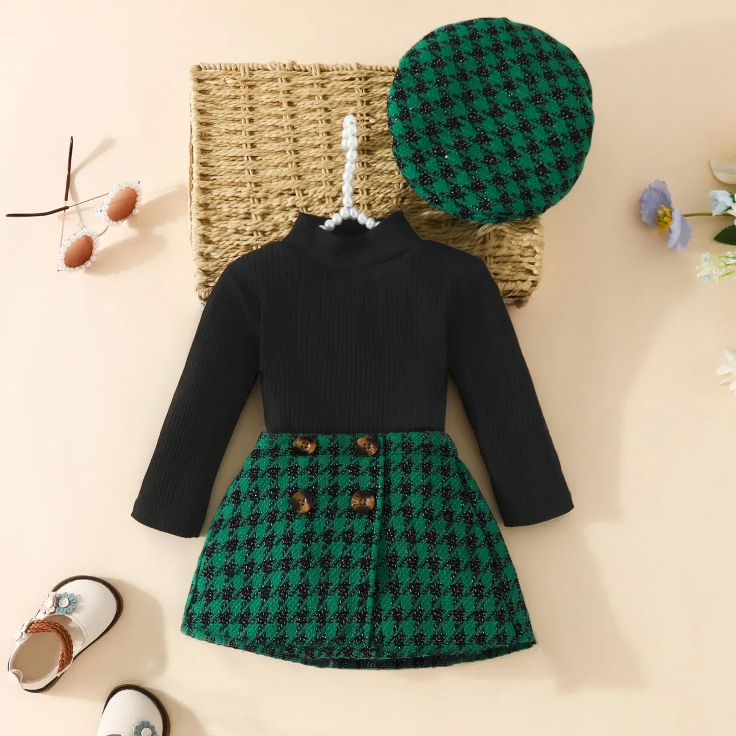 UrbanHeritage™ 3-Piece Toddler Set | Knit Sweater & Plaid Skirt - bebeika