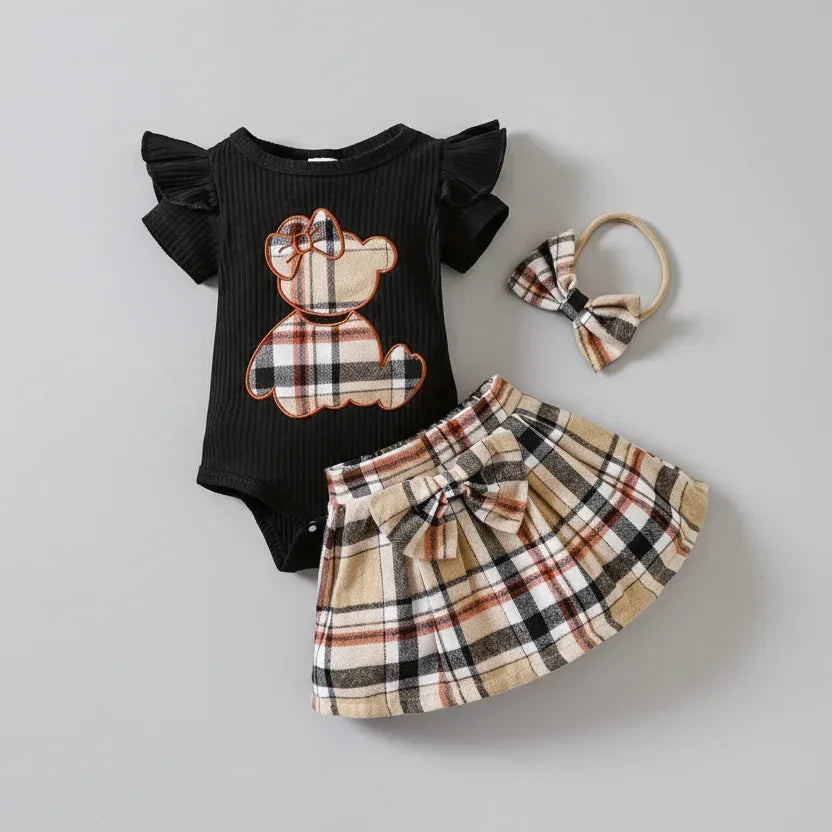 HoneyBear™ Baby Girl Gingham Romper | Teddy Embroidery & Bow Detail - bebeika