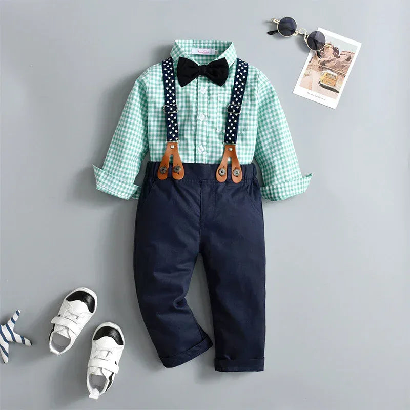 StarGazer™ Boys' 4-Piece Set | Gingham Button-Down & Suspender Trousers - bebeika