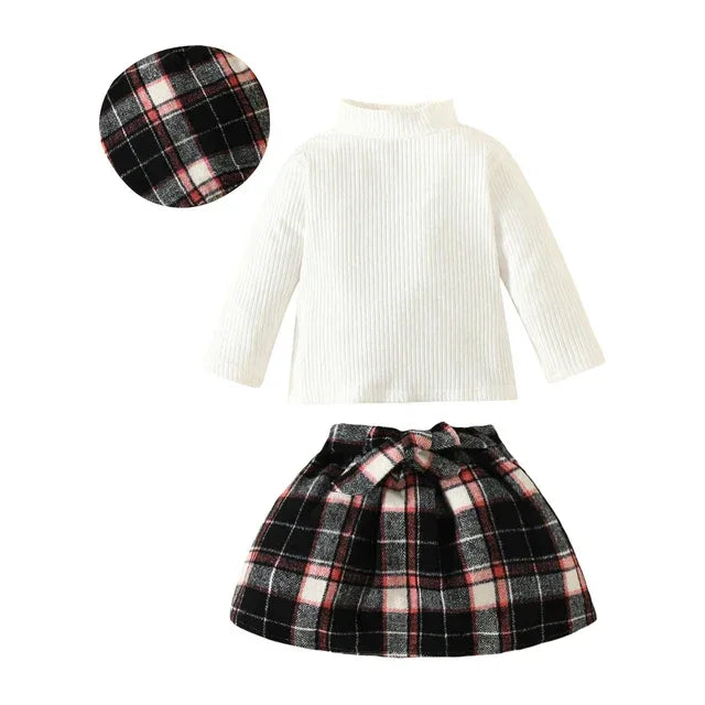 HeritageKnit™ 3-Piece Toddler Outfit | Knit Sweater & Plaid Skirt - bebeika
