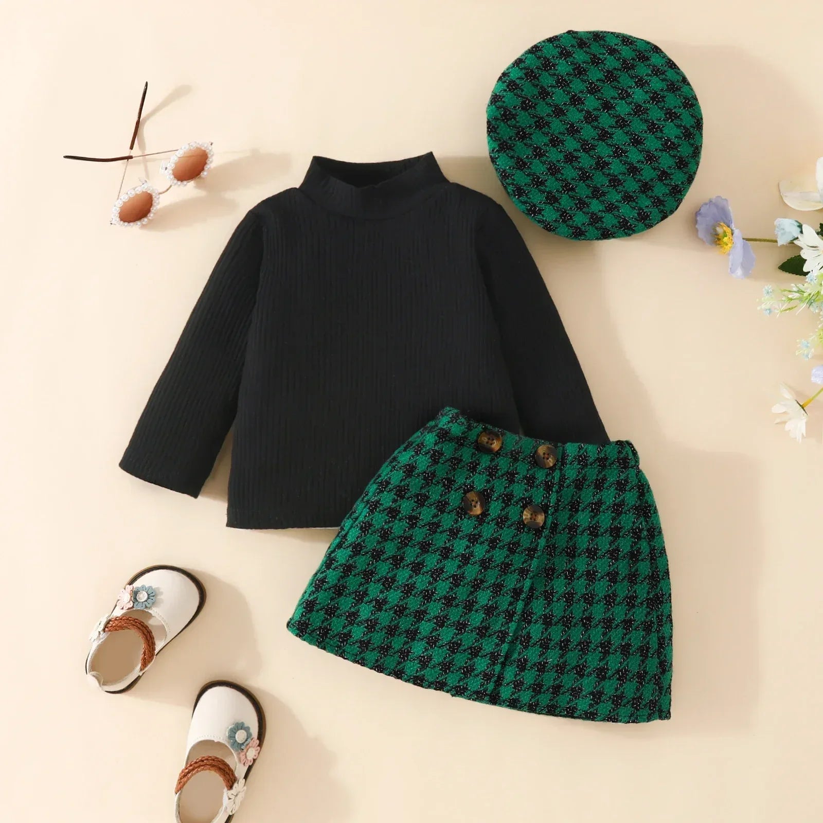 UrbanHeritage™ 3-Piece Toddler Set | Knit Sweater & Plaid Skirt - bebeika