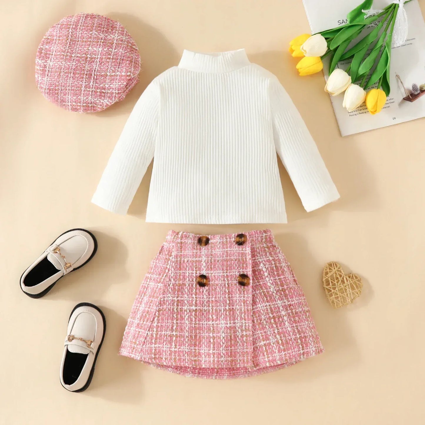 PetiteCouture™ 3-Piece Toddler Set | Knit Sweater & Plaid Skirt - bebeika