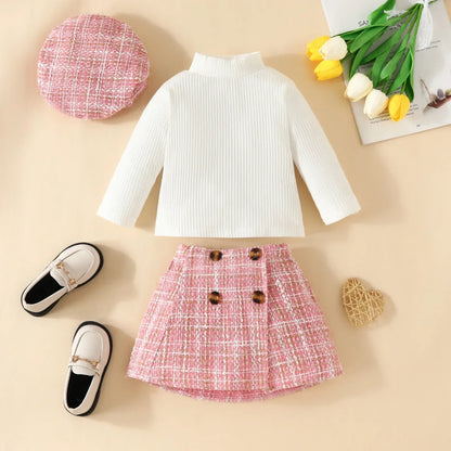 PetiteCouture™ 3-Piece Toddler Set | Knit Sweater & Plaid Skirt - bebeika