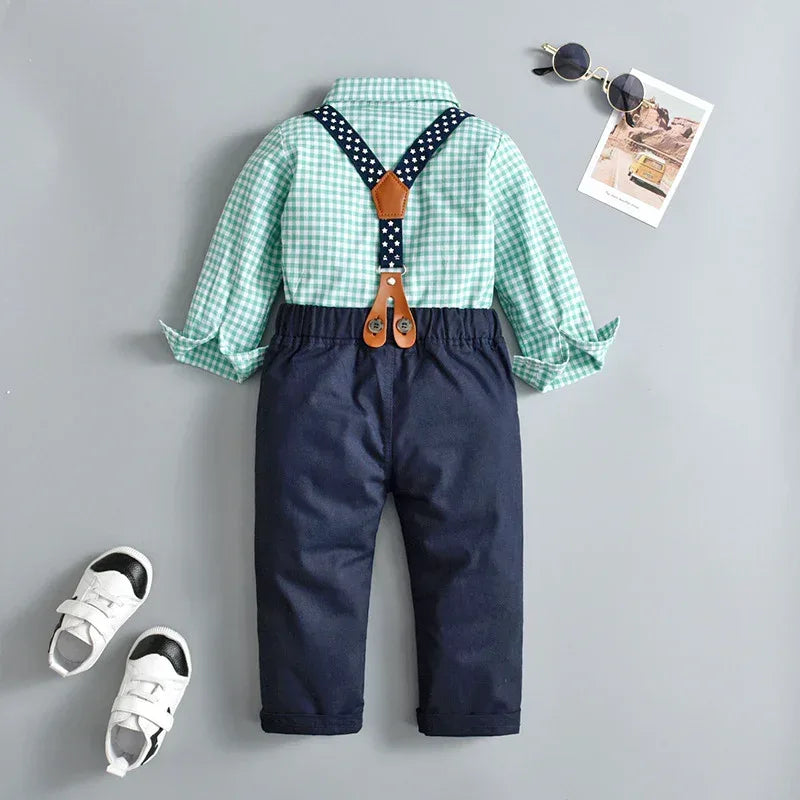 StarGazer™ Boys' 4-Piece Set | Gingham Button-Down & Suspender Trousers - bebeika
