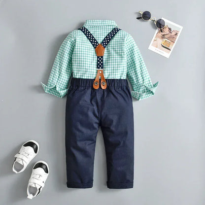 StarGazer™ Boys' 4-Piece Set | Gingham Button-Down & Suspender Trousers - bebeika