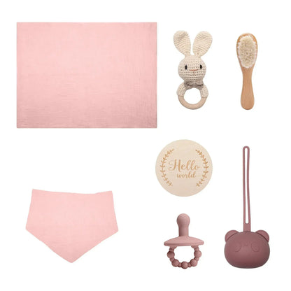 PureBeginnings™ 7-Pc Baby Gift Set | Organic Muslin Towel, Wood Brush & Milestone Disc - bebeika