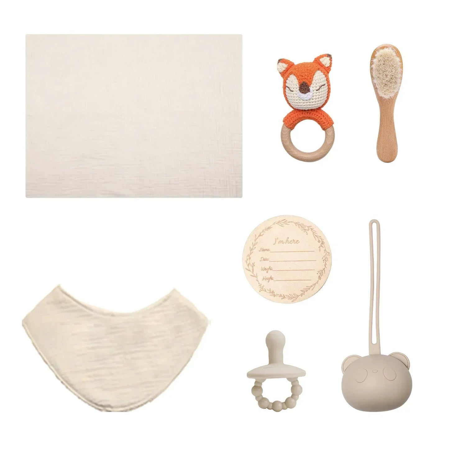 PureBeginnings™ 7-Pc Baby Gift Set | Organic Muslin Towel, Wood Brush & Milestone Disc - bebeika