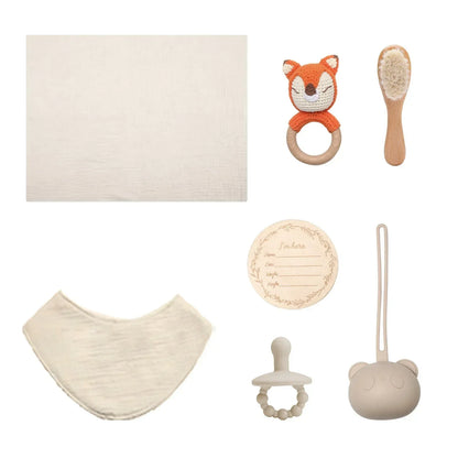 PureBeginnings™ 7-Pc Baby Gift Set | Organic Muslin Towel, Wood Brush & Milestone Disc - bebeika