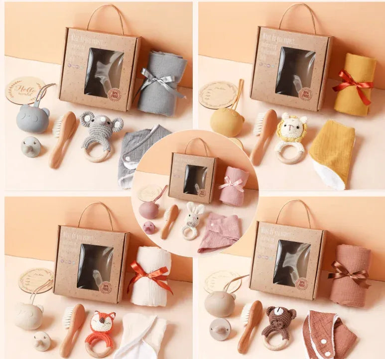 PureBeginnings™ 7-Pc Baby Gift Set | Organic Muslin Towel, Wood Brush & Milestone Disc - bebeika