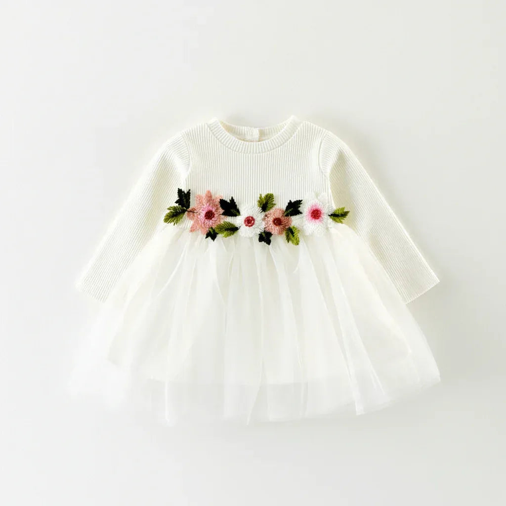 BlossomWave™ Long-Sleeve Princess Dress | Floral Waist Party Skirt - bebeika