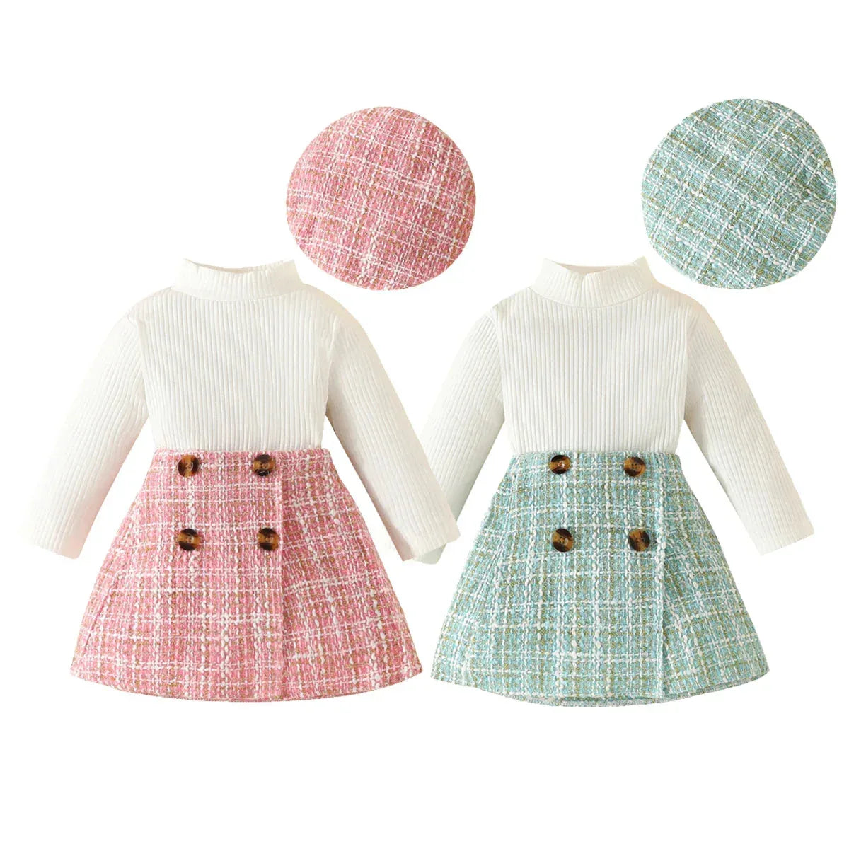 PetiteCouture™ 3-Piece Toddler Set | Knit Sweater & Plaid Skirt - bebeika