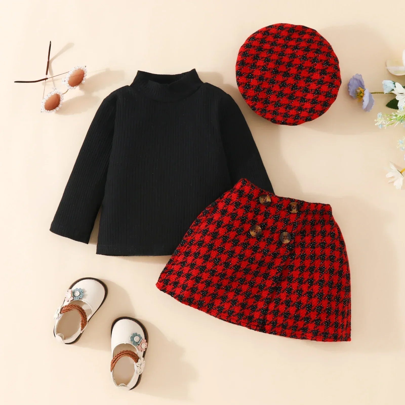 UrbanHeritage™ 3-Piece Toddler Set | Knit Sweater & Plaid Skirt - bebeika