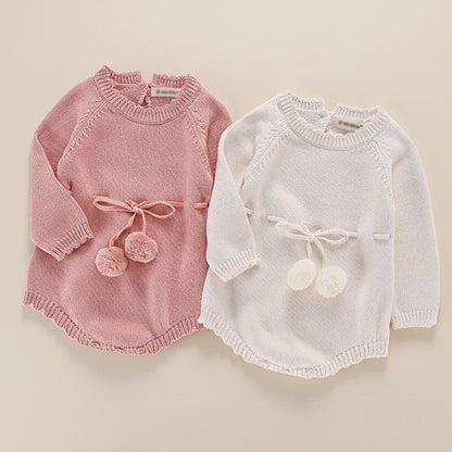 CozyCottage™ Baby Girl Knitted Romper | Long-Sleeve Sweater Bodysuit - bebeika