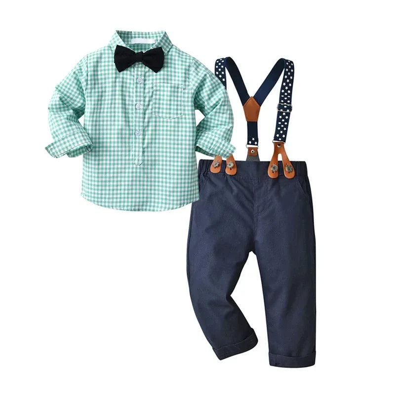 StarGazer™ Boys' 4-Piece Set | Gingham Button-Down & Suspender Trousers - bebeika