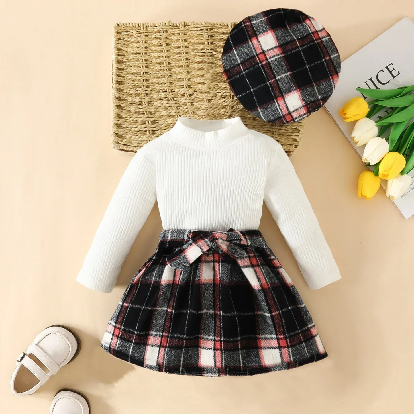 HeritageKnit™ 3-Piece Toddler Outfit | Knit Sweater & Plaid Skirt - bebeika