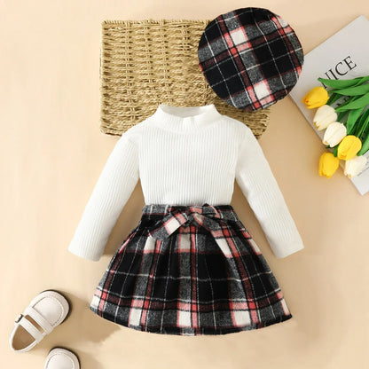HeritageKnit™ 3-Piece Toddler Outfit | Knit Sweater & Plaid Skirt - bebeika