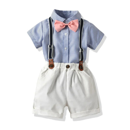 HarborClass™ Baby Boy 4-Piece Set | Striped Shirt & Suspender Shorts - bebeika