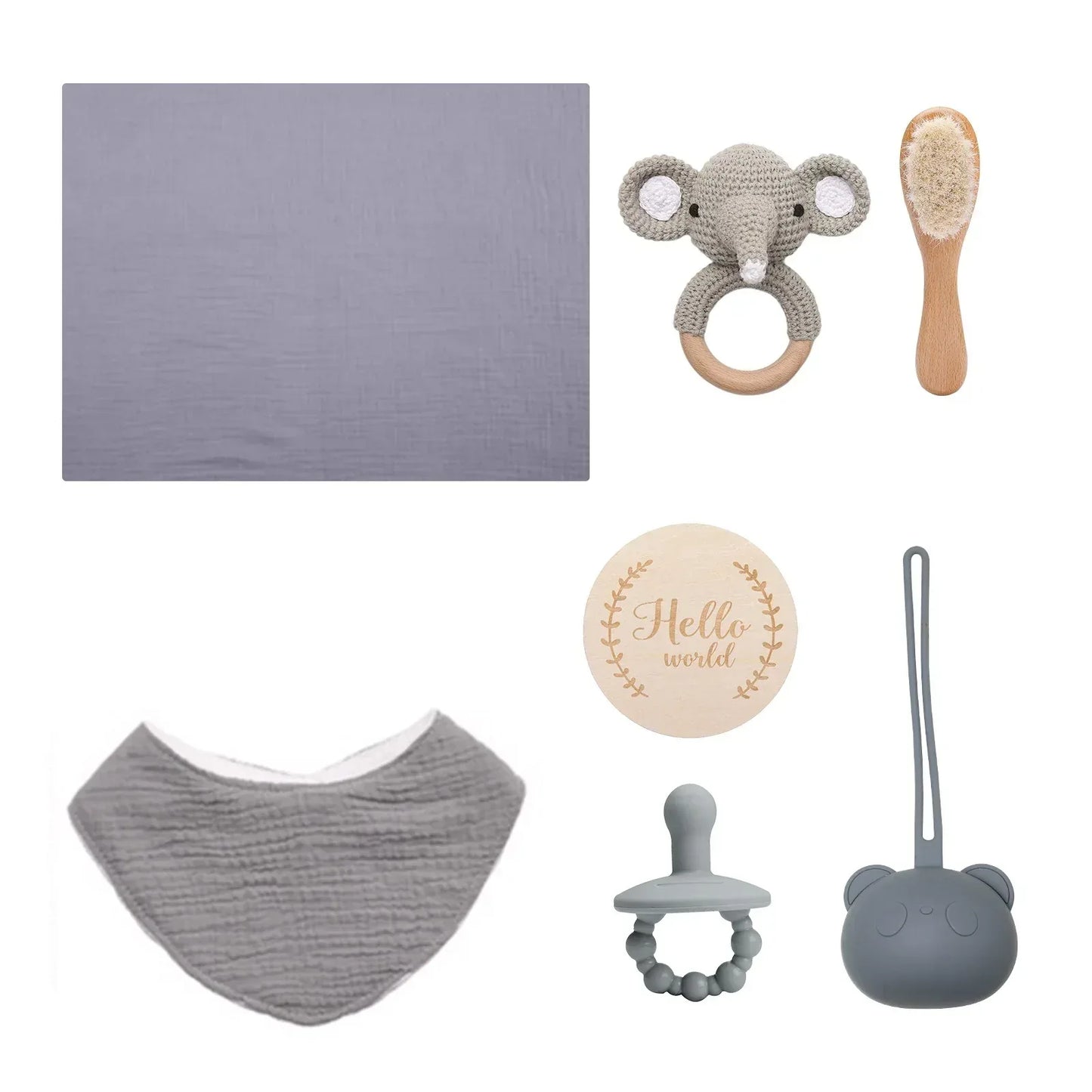 PureBeginnings™ 7-Pc Baby Gift Set | Organic Muslin Towel, Wood Brush & Milestone Disc - bebeika