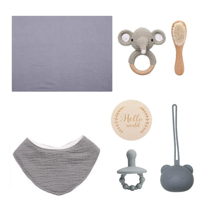 PureBeginnings™ 7-Pc Baby Gift Set | Organic Muslin Towel, Wood Brush & Milestone Disc - bebeika