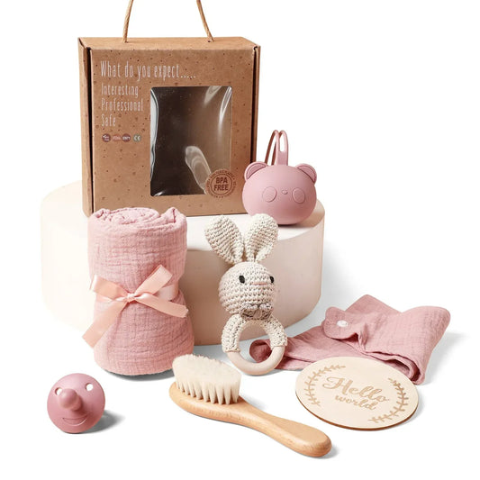 PureBeginnings™ 7-Pc Baby Gift Set | Organic Muslin Towel, Wood Brush & Milestone Disc - bebeika