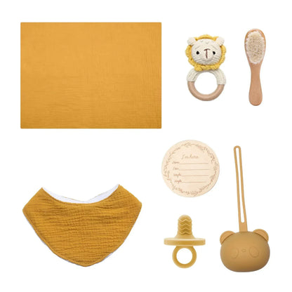 PureBeginnings™ 7-Pc Baby Gift Set | Organic Muslin Towel, Wood Brush & Milestone Disc - bebeika