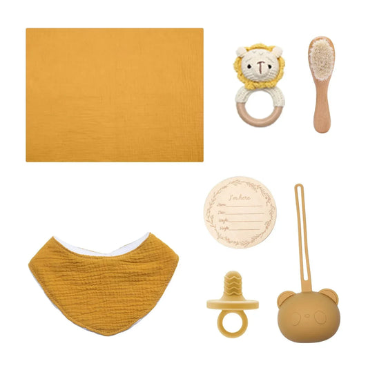 PureBeginnings™ 7-Pc Baby Gift Set | Organic Muslin Towel, Wood Brush & Milestone Disc - bebeika
