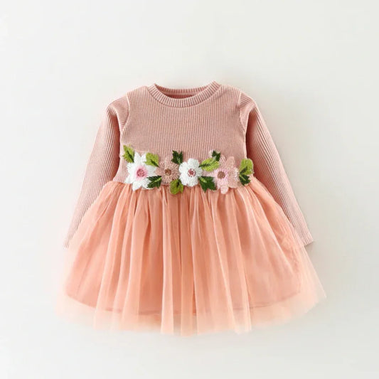 BlossomWave™ Long-Sleeve Princess Dress | Floral Waist Party Skirt - bebeika