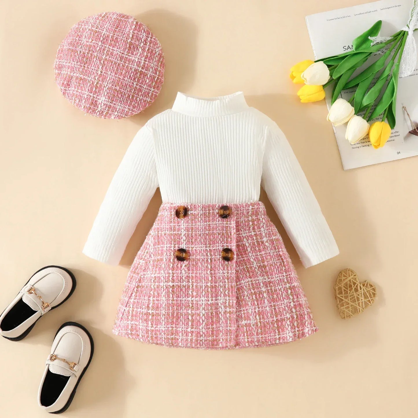 PetiteCouture™ 3-Piece Toddler Set | Knit Sweater & Plaid Skirt - bebeika