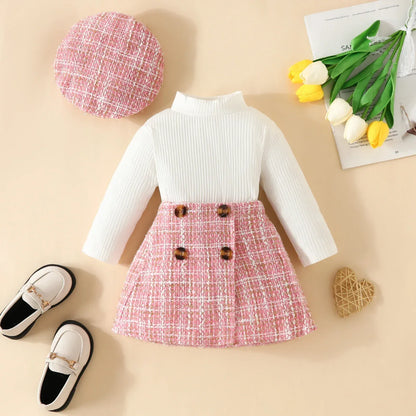 PetiteCouture™ 3-Piece Toddler Set | Knit Sweater & Plaid Skirt - bebeika