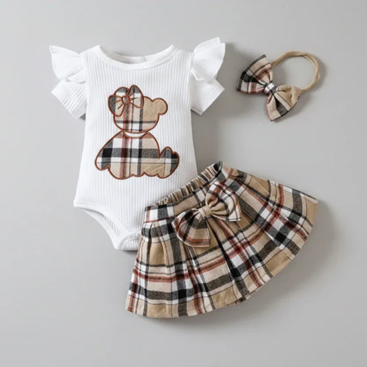 HoneyBear™ Baby Girl Gingham Romper | Teddy Embroidery & Bow Detail - bebeika