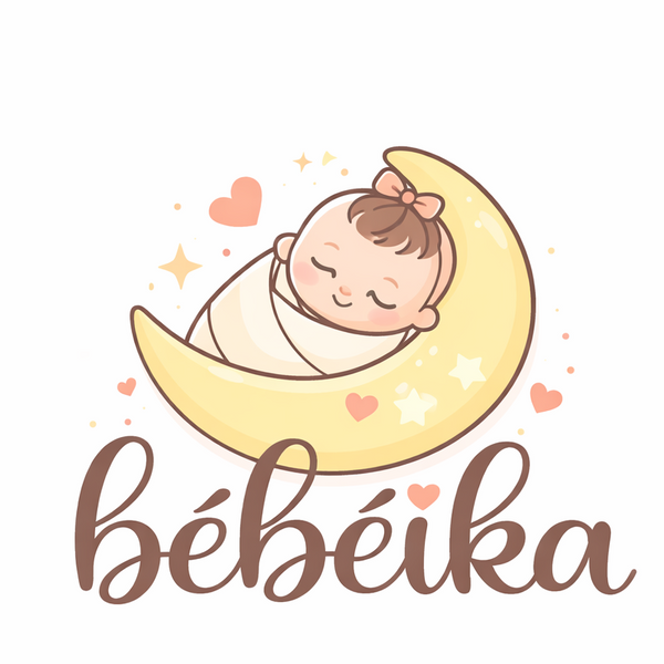 Logo with a baby on a crescent moon and the brand name 'bébéika' on a white background