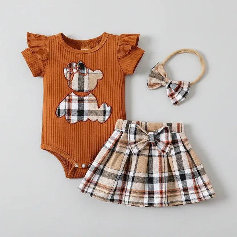 HoneyBear™ Baby Girl Gingham Romper | Teddy Embroidery & Bow Detail - bebeika