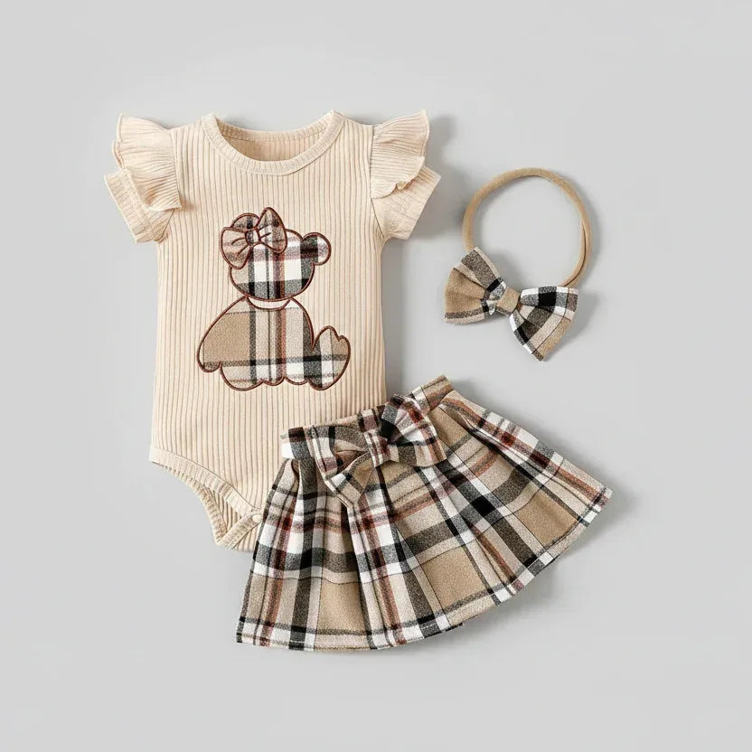HoneyBear™ Baby Girl Gingham Romper | Teddy Embroidery & Bow Detail - bebeika