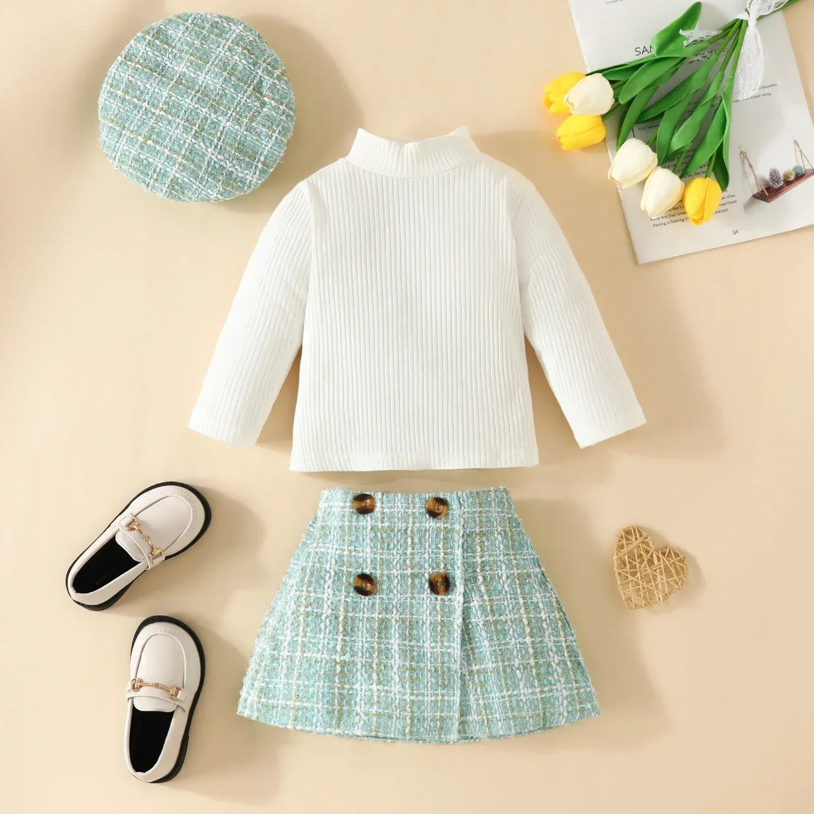 PetiteCouture™ 3-Piece Toddler Set | Knit Sweater & Plaid Skirt - bebeika