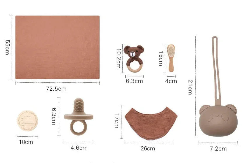 PureBeginnings™ 7-Pc Baby Gift Set | Organic Muslin Towel, Wood Brush & Milestone Disc - bebeika