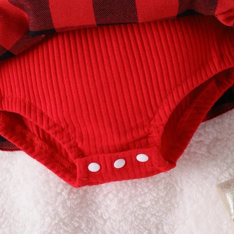 JingleBelle™ Baby Christmas Romper Dress | Red Plaid Long-Sleeve Holiday Gown - bebeika