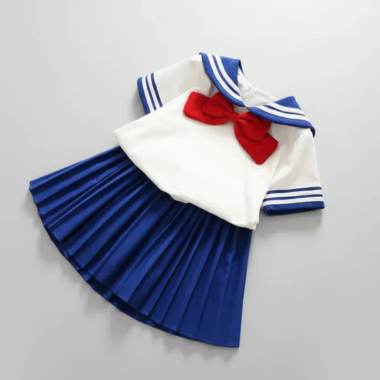 Avenue Academy™ Girls' Preppy Set | Sailor Bow Top & Navy Pleated Skirt - bebeika