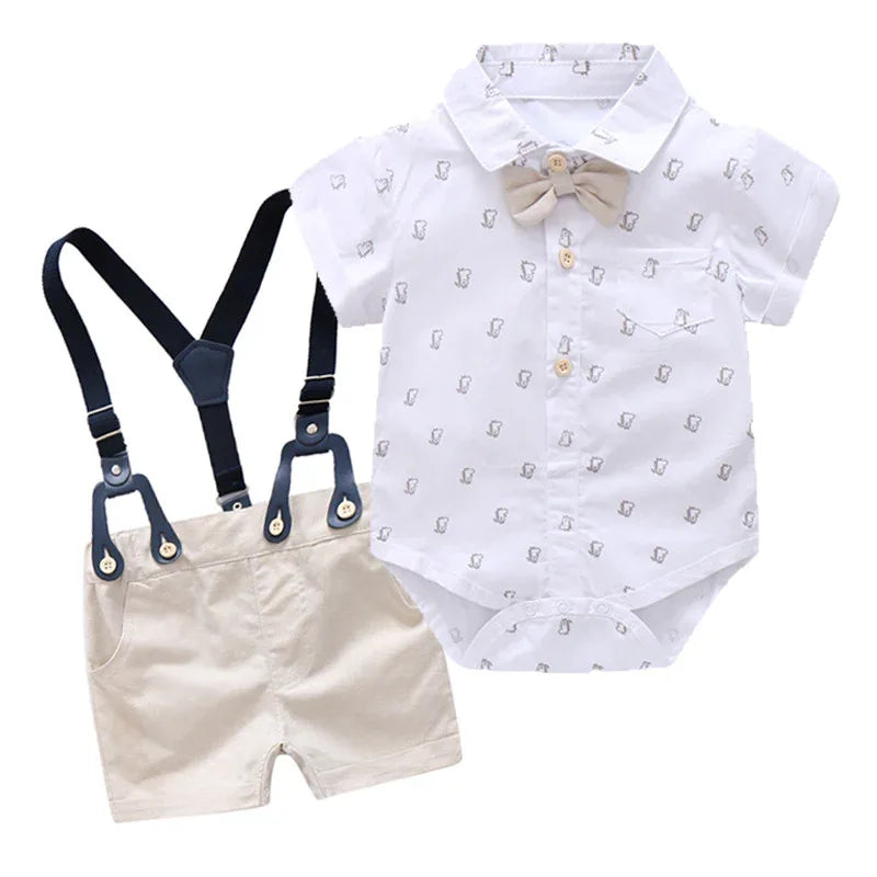 MiniPrep™ Baby Boy Overalls Set | Short-Sleeve Plaid Gentleman Suit - bebeika